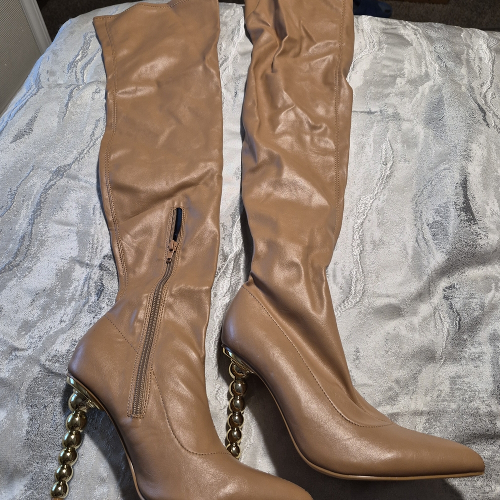 So Me Tan Over the Knee Boots with Gold Chain Heel